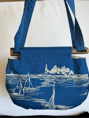 Vintage Flamstead of Vermont 70s-80s Coastal Sailboat Ocean Wood & Fabric Bag